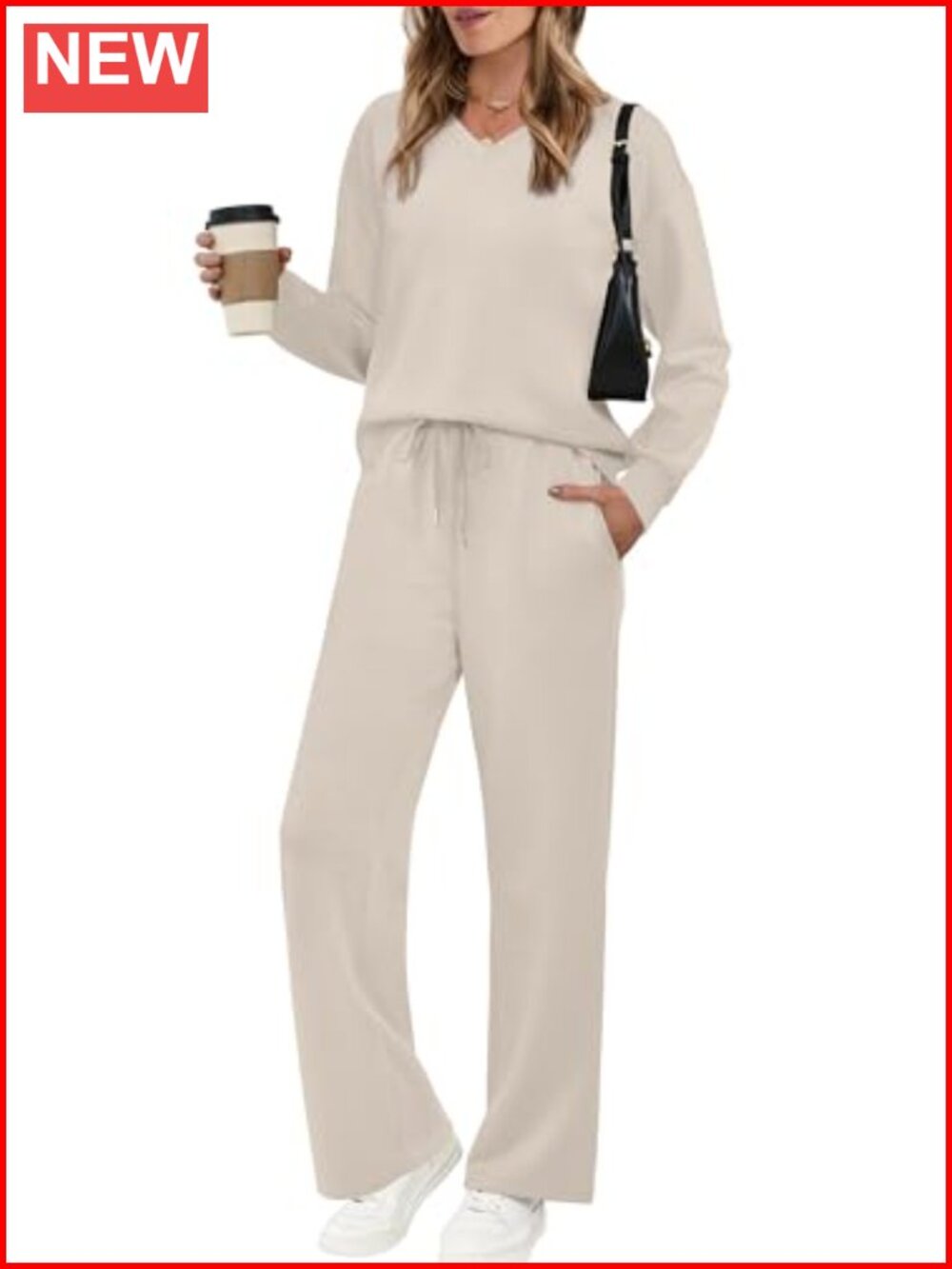 Women's 2 Piece Lounge Set V Neck Wide Leg Pants Sweatsuit Travel Outfit